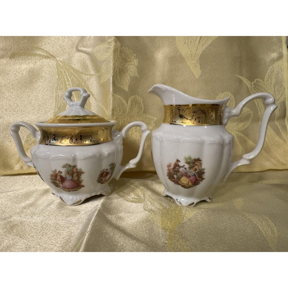 T Limoges Vizavi Oro Fragonard Sugar Bowl w Lid & Creamer 24K Gold Italy